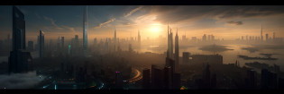futuristic city with skyscrapers and a river in the foreground, cinematic scifi shot, epic cinematic matte painting, cinematic matte painting, 8 k matte painting, 8k matte painting, matte painting 4k 8k, luminescent matte painting, science fiction matte painting, 4 k matte painting, science - fiction matte painting, matte painting v ray