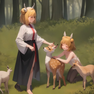 In the birch forest, there is a beautiful sika deer. Its antlers rose high, its body was covered with snow-white fluff, and its plump body shone with golden light in the sunlight. The little girl ran over excitedly when she saw the sika deer. She gently stretched out her hand and caressed the deer's fur, while the deer closed his eyes tolerantly, enjoying the caress of the little girl. The trees in the birch forest are tall and straight, with straight trunks and lush branches and leaves. The sunlight passed through the gaps in the leaves, casting dappled light on the sika deer and the little girl. In a quiet environment, the little girl and the deer lean on each other and accompany each other. The birds in the distance sang leisurely, as if singing for them. This is an extremely beautiful picture, which makes people intoxicated. The friendship between the sika deer and the little girl brought us warmth and emotion. The picture seems to span the edge of time, depicting a world of eternal harmony.