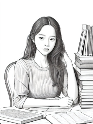 Model, a drawing of a beautiful girl sitting at a table with a stack of books, studying, trying to study, student, art student, traditional drawing style, line art illustration, book illustration, illustration line art style, exciting illustration, an illustration, thick line drawing, line sketch, drawing style, whole page illustration, textbook illustration in clolour, line-drawing