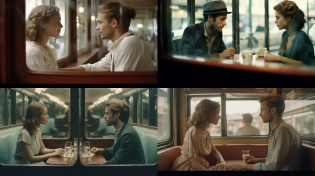 a medium shot photo of a young french couple in the last century inside a reflected window, sitting across from each other in a train compartment, they are separated by a table, wearing vintage clothes, they look sad and look at each other, makes me it feels like they are a couple running away together, they are confused and lost, a color combination of lead white and emerald and beige, desaturated colour, the atmosphere is sad, it is a rainy day and murky and without the light of the sun, I don't understand what they are running for and where is their destination, on their faces there is reflection, bokeh from the raindrops falling on the glass window, a color combination of lead white and emerald and beige, desaturated colour, the camera is taken through the glass window of the train, side lighting, dramatic lighting, cold vintage style, very detailed, 8k --ar 16:9 --chaos 50 --style raw --s 750 --v 5. 1
