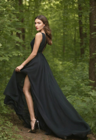 Young European woman, professional model is posing in the green forest. she has got long brown hair, she is wearing long black evening modest dress, she is wearing black high heels. She is wearing a long black dress that covers her body, the dress is modest and humble, she is pretty. The dress is slim, long, draped, the dress is draped and has jewel neckline. The woman is standing with a deer. The deer is near the woman. The neckline of the dress is high. Detailed image. She looks like Gigi Hadid and Kendall Jenner. She is tall and beautifully thin. She is posing for a fashion brand. Vogue style. Super realistic, detailed, professional fashion photoshooting. She is dancing while posing. Serious face. In the background there are a lot of trees, beautiful forest. Professional shooting for VOGUE, fashion campaign. Her face is detailed. All the textures are seen. She is standing in the middle of the forest. SHe is not looking at camera, she is walking in high heels, she is confident, she is a model