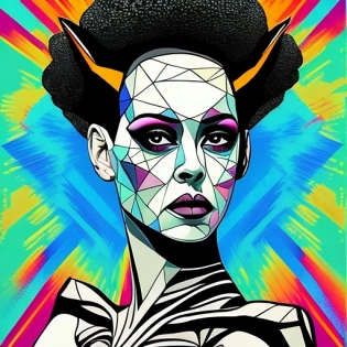 geometric abstract portrait of Bride of Frankenstein, bright vibrant colorful, shepard fairey --aspect 3:6