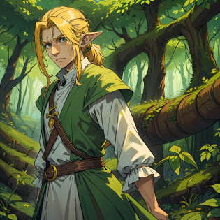 a monstrous carnivorous plant and a man with long blonde hair with hair tied ponytail style this man has Elf ears and wears simple medieval clothes a costume of a plant expert magical plant clothes this man stands next to a giant carnivorous plant in the middle of a magical forest