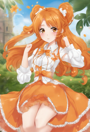 Orange �pretty cure �charecter, pretty, in a �pretty cure� anime style wearing an outfit like the orange pretty cure anime protagonists wearing two long orange flowy ponytails, hair color orange. Very pretty face, excited and eager looking. Wearing not a lot of makeup. Orange poofy upper sleeve that goes into a long white one, wearing white gloves with a feather like pattern on the edge. A gold bracket around the glove. Wearing a flowy bottom that�s flowy on the sides but not on the front, with a white shirt skirt wearing long white thigh high socks, with an orange bow on the chest of the orange dress. She looks very happy and excited