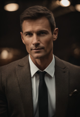 Cinematic portrait , a handsom man, Tall and fit, (40 years old:1.1), (shaven:1.2), (short brown hair :1.5),(very short hair:1.6). black tight suit, white shirt . Minimalistic background, clean composition, strong details, Muted Colours, Hasselblad, style raw
