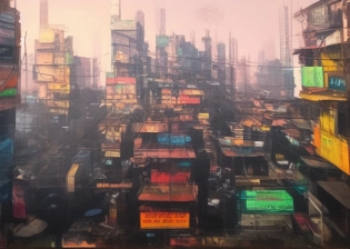 Oil painting of Kolkata, India, (Cyberpunk)