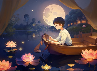 There was a boy sitting on a boat in the water, dreamlike illustration, sitting on a lotus flower, illustratio, illustrated in whimsical style, Fine quality illustrations, very peaceful mood, By Ni Duan, float under moon light at night, illustratio, floating among stars, calm evening. Digital illustration, cute illustration, cozy night fireflies, relaxing mood