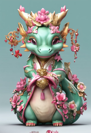 (Daisaku),(Need),(Super meticulous),(full bodyesbian:1.2),Close-up of Chinese dragon statue, vinyl toy figurine, pvc figurine, Anime figur, Cute detailed digital art, lovely digital painting, cute little dragon,1 Chinese dragon,tchibi,adolable,ssmile,Open-mouthed,florals,Outdoor coat,Blushlush,The tree,:3,The shirt,short detailed hair,SakuraNS,green headwear,Blurred,A brown-haired,Blush stickers,longer sleeves,By bangs,Earphone,brunette color hair,pinkflower,(beautiful  detailed face),(???????),
