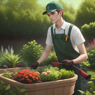 Create an image with green background and garden worker