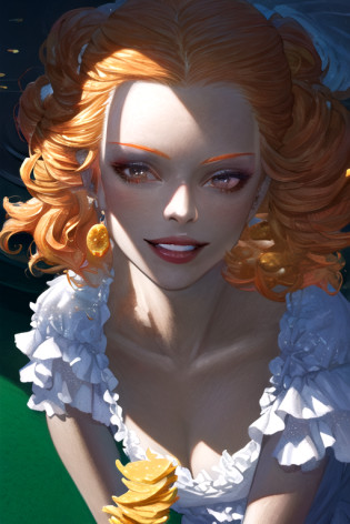 fengweic style,  portrait, (solo), brown skin:1.3), day time,girl, small breasts, medium hair ,(Light Orange hair) french braid, ,  ,Light Yellow frilly dress, Dark Red pantyhose, looking at viewer, kind smile,casino, casino chips, casino games highly detailed background, ultra detailed illustration, masterpiece, best quality