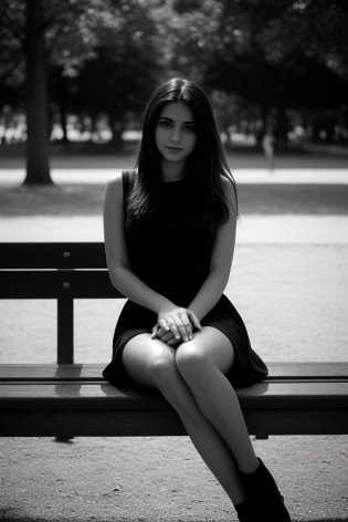 Photo of a cute girl wearing a seductive black dress sitting on a bench at the park, daytime, deep photography, Ilford HP5 film, b&w, crushed blacks, depth of field, dark photo, film grain, shadows, natural light