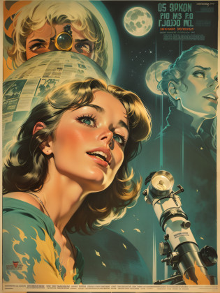 a closeup of a poster with a telescope, Direction: Antoine Ignace Melling, vintage poster, Direction: Andr� Beauneveu, French film poster from the 60s, French film poster from the 60s, under the full moon, (French comics) , Directed by: Jean H�lion, 6 0 s French film poster, illustrated poster