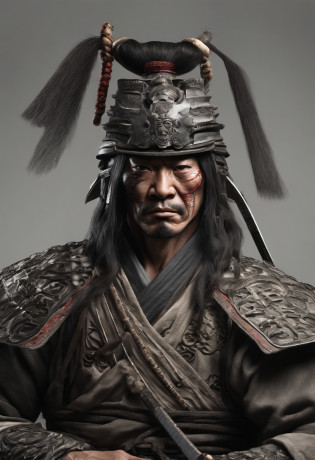 Hombre samurai, en un estudio, con su mascara oni de lobo, vestimenta tradicional, guerrero, pelo largo negro, imagen realista
