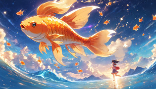 masutepiece, High quality, Always in the clouds Goldfish, Goldfish floating around lots of cute stars, Anthropomorphic goldfish, Disney style, Cinema-grade light effects, Cinema-grade image quality, Super Detail, Rich colors