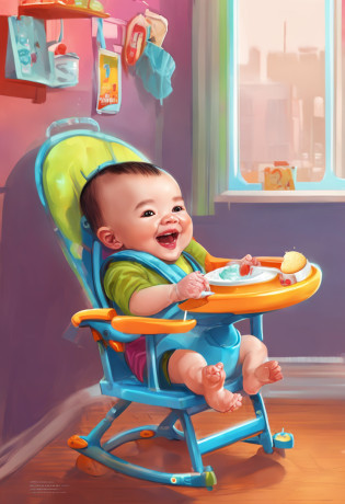 there is a baby sitting in a high chair with a toothbrush in his mouth, a picture by Yi Insang, dribble contest winner, pop art, sitting in his highchair, having a snack, messy eater, sitting on chair, ruan jia beautiful!, bo chen, little kid, he is very happy, high detail!!, ready to eat