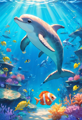 The background of the illustration is a wide and bright ocean?Sunlight shines through the crystal clear waters?Dye the sea surface a warm and bright blue?There is a beautiful area of coral reefs in the sea?Corals are colorful and diverse?It emits a colorful glow? In this ocean?There are several cute marine animals swimming around?The first is a sea turtle swimming in the sea?Its appearance takes on a turquoise shell?Swimming leisurely?There are also some small fish around it? Ademais?There is also a lively and cute dolphin?It jumps out of the water?Show a beautiful arc?And leave a splash in the air?The dolphin appears grayish white throughout?The eyes are bright and intelligent?Very charming? Enfim?There is also a small seahorse?It is petite?It shows a red and yellow speckled pattern?Little seahorses sway leisurely among the water grass?It gives a lovely and peaceful feeling? The whole illustration is full of warmth and energy?Marine animals swim freely in the bright underwater world?It gives a peaceful and nice feeling?