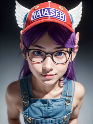 (masterpiece, best quality:1.4), (standing:1.5) (dynamic pose:1), 1girl, solo, (european youth:1), arale, glasses, blue eyes, long hair, purple hair, short sleeves, wing hat, red cap, (wing cap:1.5), red shirt, blue overalls, looking at viewer, beautifull smile, beautiful face, highly detailed face, highly detailed eyes, highly detailed skin, skin pores, subsurface scattering, realistic pupils, full face blush, full lips, detailed background, depth of field, volumetric lighting, sharp focus, absurdres, realistic proportions, good anatomy, (realistic, hyperrealistic:1.4), 16k hdr,
