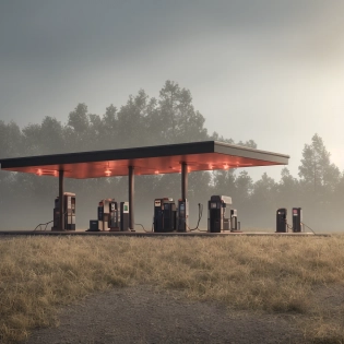 a highly detailed photography of a single gas station with a light sign in the fog, red tint, 1980s, foggy, forgotten by time, award-winning photography, moody atmosphere, overcast, night time, long exposure, in the middle of nowhere, reflections, neon lights, edward hopper, mid-century, american, volumetric lighting, octane render, realistic cgi, 4k resolution, trending on artstation, masterpiece, trees in the background
