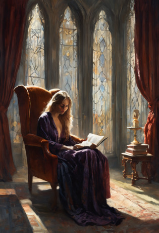 Oil painting of a long-haired young woman in a velvet dressing gown sitting on a high wingback chair reading a large book, In the Gothic library, Gloomy dramatic lighting, Deep shadows, Classic color palette, Ultra detailed, elegant, fine art, Evocative,Gustave Moreau, Sargent, Alphonse Mucha, abstract expressionism