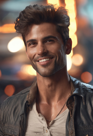 Cinematic soft lighting illuminates a handsome Brazilian male model with stunning detail and ultra-realistic?Wear only one vest?Full body photo of the front?Handsome look?Messy short brown hair?Clear honey eyes?Charming perfect smile?Raised sexy?Hot man?Insanely Handsome?This is the trend on the ArtStation?The Octane is the perfect tool to capture the softest details of this 16k photographic masterpiece?