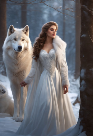 WINTER PRINCESS, WOLVES, WEARING WHITE PRINCESSES DRESSES, WINTER, SNOWING, NATURE, SURRONDED BY WHITE WOLVES,8K, FANTASY, resolution concept art portrait by Greg Rutkowski, Artgerm, WLOP, Alphonse Mucha dynamic lighting hyperdetailed intricately detailed Splash art trending on Artstation triadic colors Unreal Engine 5 volumetric lighting