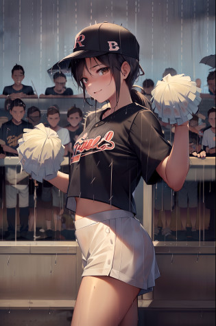 1girl in, cheer girl, Baseball Stadium.(By the stairs). (In the rain:2). (Pom-poms used for cheerleading).(Cap).(Shorts).(Short sleeve).(4+Boys:2). (Bright and cheerful smile).?master piece, High resolution, Ultra high definition, of the highest quality, Very detailed, Professional Lighting, of the highest quality, spectator seats, Packed auditorium, Forehead, Ponytail, By the stairs, (Baseball Stadium))), at noon, Cap, (Forehead), photographer, (((Watching Baseball))). Anatomically correct, high details. Perfect Anatomy, Best Quality, Textured skin, Super Detail .(Pom-poms used for cheerleading).Hair Band. (Underwear)