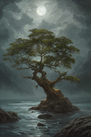 painting of a tree on a rock in the middle of the ocean, fantasy tree, ancient tree, stefan koidl inspired, inspired by sung choi, sebastian pether, by Artur Tarnowski, by Darek Zabrocki, by Jesper Ejsing, dramatic concept art, moody misty fantasy art, inspired by Noah Bradley, noah bradley concept art