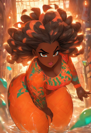 ((2 chubby, darkskin girls)) 2 full body profiles, 2 heavy big beautiful ((chubby Darkskin girls)), dancing near a cage wearing aluring bodypaint,2 full body portraits, , body paint) AND  (girl1: wet, cool,flirtatious, African-American, muslim, round, glasses,chubby woman, green and orange body paint, dark chocolate skin, mesmerizing, heterochromia amber eyes, flowing shining braided black hair , sensuous, bulbous, chubby , cool, heart-shaped face , nubian concaved kissable nose, strong, soft ,thick alluring, heart hips, big pear-shape breast, and ,big bubble butt.,)And ( girl2: chubby woman, big girl,alluring, blue and pink bodypaint, dark Reddish-brown skin,strong, sensuous, well-built , Perfect chubby physique, amazing dark skin, light black eyes, flowing, shining, wavy black hair tight dragonbraid, strong oblong-shaped face, narrow convex hooked nose. strong, toned,thicc and alluring with heart hips, big breast ,big butt, )::10+ (in the style of splash art, fighting games character art, visual novel, street murals, punctuated caricature, animated gifs, eye-catching, thick line animation, full of emotion, depth of field, Full Body, back profile, vivid color,add detail, dynamic pose, the atmosphere should be sensous,alluring, enticing, and arousing, carnal,, back profile, Intense Light, falcoon)