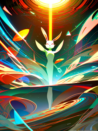 (blame! style abandoned tech landscape), (Zen, Amy Sol style), (like a tunnel that you follow to a tunnel of its own down a hollow in a cavern where the sun has never shone), (abstract anthro rabbit figure wearing bunny ears), cover art with light abstraction, abstract, simple vector art, contemporary Cybernetic art, color gradients, soft color palettes, layered forms, whimsical animation, style Ethereal abstract, 4K, --v6
