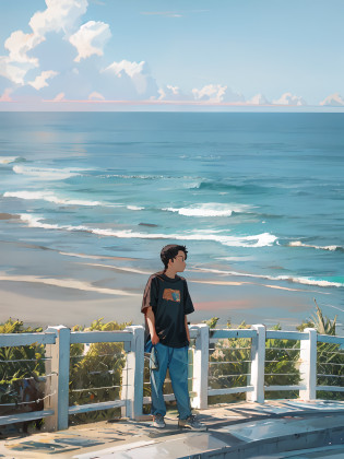 there is a young boy standing on a sidewalk looking out at the ocean, the ocean in the background, looking out over the sea, looking at the ocean, overlooking the ocean, looking out at the ocean, ocean in the background, standing beside the ocean, looking off into the distance, view of the ocean, the sea in the background, ocean in the distance