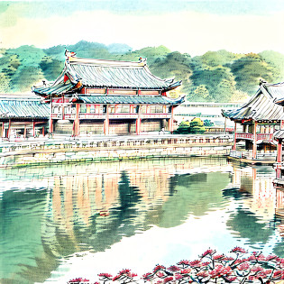 there are two pavilions on the side of a river, Ancient Chinese architecture, Tang Dynasty Palace, chinese palace, Chinese architecture, korean traditional palace, Chinese style buildings, building along a river, the imperial palace, royal palace near the lake, Beautiful rendering of the Tang Dynasty, traditional korean city, moat, beijing, palace floating in the sky, gwanghwamun
