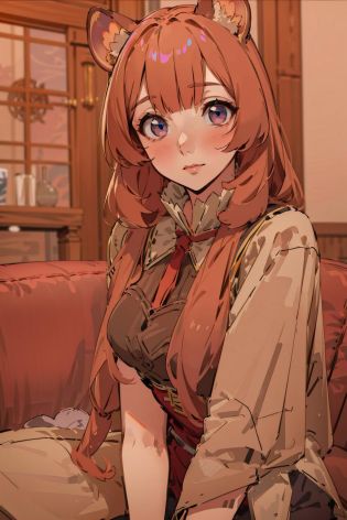 (masterpiece, best quality), beautiful girl,Raphtalia, racoon ears, sitting settee,  (detailed beautiful eyes)