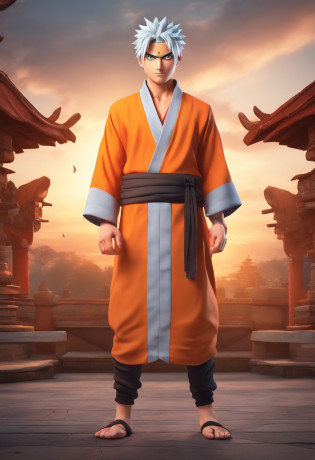 Naruto in Indian dhoti kurta in a Shiva temple holding a trishul with jiraiya, ultra HD quality, ultra realistic background, ultra realistic face,4k ultra realistic, sunrise.