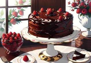A delicious and tempting chocolate cake, (best quality, highres, ultra-detailed:1.2), with rich, dark chocolate frosting. The cake is perfectly moist and fluffy, with layers of decadent chocolate ganache filling in between. The frosting is artfully swirled and smoothed to perfection, creating a luscious and glossy finish. The cake is adorned with a generous sprinkling of chocolate shavings on top, adding an extra touch of elegance. The cake is presented on a beautiful, porcelain cake stand, with delicate floral patterns and intricate details. The surrounding table is decorated with fresh strawberries, raspberries, and a dusting of powdered sugar, enhancing the overall aesthetic. The lighting is soft and warm, casting a gentle glow on the cake, highlighting its mouthwatering appeal. The colors are rich and vibrant, showcasing the deep, velvety brown tones of the chocolate. The overall ambiance exudes sophistication and indulgence, making this chocolate cake a true masterpiece.