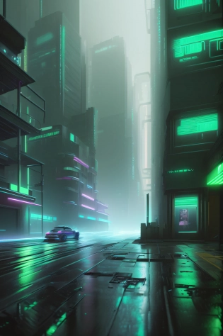 there is a car driving down a city street at night, cyberpunk street, cyberpunk city street, hyper realistic cyberpunk city, in cyberpunk city, in a futuristic cyberpunk city, sci-fi cyberpunk city street, cyberpunk atmosphere, cyberpunk alley, hyper-realistic cyberpunk style, cyberpunk vibe, cyberpunk streets at night, cyberpunk street at night, cyberpunk dreamscape, blade runner vibes