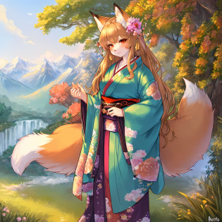 ((Masterpiece)), best quality, detailed and fluffy ((fox_female)) with ((antro)) traits, standing in the montain background with a pleasant sunshine,((kimono)) outfit is stunning, her ((digital art style)) endows her with unique charm, thus completing the harmonious whole.