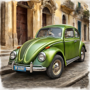 Vista exterior, Un tiro amplio, Un plano amplio y completo, vista frontal, Vista exterior, Disparos interesantes, fuera de una casa, visto desde el exterior, Plano ancho medio, Front view, Adobe Illustrator, Imagen vectorial de un coche verde claro, modelo Volkswagen Beetle 1950, Coche proporcional a la zona , Coche en el centro de la imagen sin cortes, frente a una playa en el Caribe, con palmeras, Edificios antiguos de La Habana, ::n_baja calidad, dollface, anime, imperfecto, texto, firma.