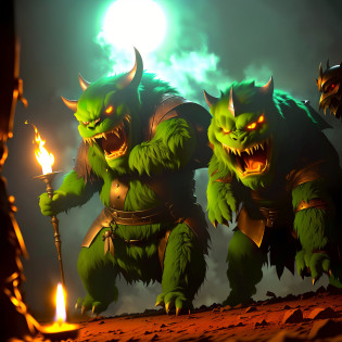 (Chinese costume, battle scene) Under the candlelight, the monster's green face and fangs are terrifying. The general drew his halberd and bravely went forward, chasing the monster into an alley. Back in the room, the general suddenly felt his tail wrapped, and turned his head to see the monster quietly following and smiling. The general was furious, and he scolded: 