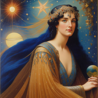 a painting of a woman with stars in her hair and a crystal ball, by Edward Robert Hughes, by Nikolai Ge, by Gaetano Previati, stars in her eyes of gaze, by J�zef Mehoffer, portrait of a cosmic goddess, by Carlos Schwabe, Edward Hughes, by Jan Zrzav�, by Jean Delville, planets, shooting stars, Sun. enoch bolles, by Archibald Motley, by Rolf Armstrong, inspired by Rolf Armstrong, as rolf armstrong style, angus mcbride, gill elvgren, inspired by Art Frahm,
