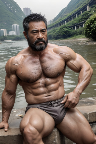Cantonese uncle, A Chinese man of about 45 years old, Rough and handsome looks?Ultra-dense body hair?barechested, Big waist round, Chest hair?Abdominal hair?Sit by the river and wash your feet, vred, scowling, Masterpieces of the best quality, Get wet?sweat leggs??musculous:1.5???fatness:2???Gray hair:1.5???Gray body hair:1.5???Skin Wrinkles:1.5???gloss on the skin:0.5??