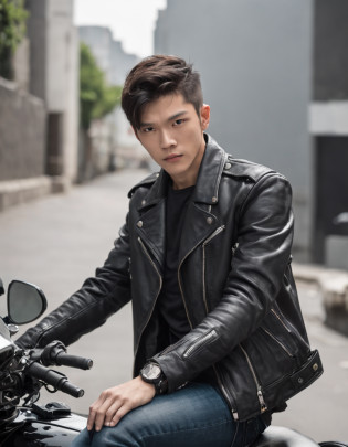 Short hair, handsome boy, sunny, handsome and dashing, on the street there is a man sitting on a motorcycle, sitting on a motorcycle, motorcyclist, shot on Nikon D 3 2 0 0, riding a motorcycle, portrait shooting 8 K, Akira Moto, motorcycle, inspired by Liu Haisu, shot with Sony Alpha 9, sitting on a cyberpunk motorcycle, photo shooting, shot with Sony A7R camera, photo - shooting