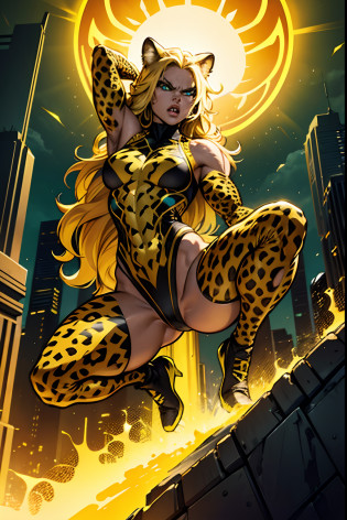 cheetah superhero woman, looking from below, athletic body, yellow and black cheetah fur, long claws, long wavy blonde hair, glowing green eyes, fierce and angry, jump from the top of skyscaper