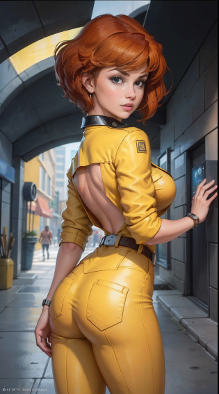 motor irreal:1.4,UHD,La mejor calidad:1.4, fotorrealista:1.4, textura de la piel:1.4, obra maestra:1.8,showing back  April O'Neil waifu, 1980s \(estilo\), 1 mujer, brown hair, Pelo rojo,pelo corto,cabello naranja,expresion seria, expresion preocupada, Estilo de arte retro, pelo corto, solamente, mujer reportera television, traje de jersey amarillo, white belt,traje de jersey en las caderas amarillo, (desnudo_senos: 1.2), Medio_senos, escote, ojos hiperrealistas, Hermosos ojos,ojos detallados, cara realista, mujer bella mujer, fondo realista,Inside a cyberpunk sewer tunnel, Amazing lights, amazing background, Reportero de TV,beautiful fine hands,