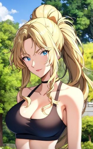 ((masterpiece)),high quality,4k,outdoor,tree, <lora:Vermouth_Detective:0.6> bangs,blonde_hair, blue_eyes,cleavage,bare shoulder,((bare belly)),((crop top)),(middle score),ponytail,smile,natural pose
