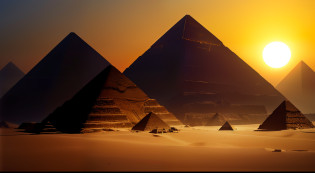 Arafed view of a pyramid with a ray of sun in the background, great pyramid of giza, pyramid ruins at sundown, pyramids of egypt, ancient pyramid, pyramids of giza, ancient megastructure pyramid, Egito, egyptian setting, do Egito, pyramid, colorful ancient egyptian city, Egyptian, majestoso antigo, Egito Antigo, egyptian atmosphere, pyramid surrounded by vegetation