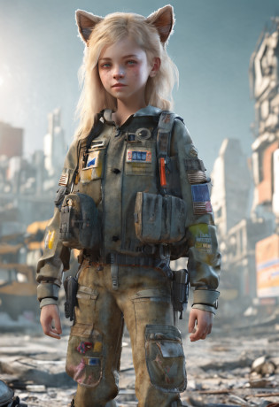 ukraine girl , ukraine anime girl , 3d , ukraine ,  full body composition of A young girl with messy light blond hair, eyes makeup, 11-years-old, cat ears, soft lighting, solo, dressed in a old torn dirty ragged futuristic military uniform, cat paw badge, pose, blotchy colors, Octane render, Hyperrealistic intricate detail, Cinematic, 8k resolution, 70mm, accent lighting, global illumination, full body portrait, clean detailed faces, intricate clothing, cute face, flat chest, slim waist, slim legs, small hips