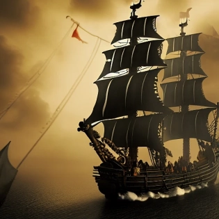 A large Pirate ship, with pirate flag and black sails firing cannons. realistic lighting, Hyper realistic, wide shot, foggy, Smokey, eerie, dark, heavenly lightning, cinematic.