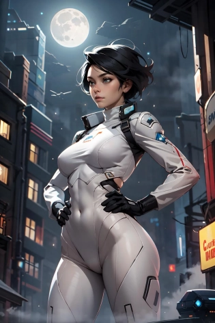 nijistyle, cowboy shot of giant lady in white bodysuit, short black hair, hands on hips, ruined city, helicopter in sky, night, particles, fog, moon, science fiction, <lora:sxz-style-niji:0. 8>