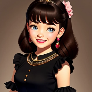Single girl, solo, long hair, BLACK eyes, black hair, smile, earrings, pajamas , short sleeves, jewelry, puffy sleeves, looking at viewer, dress, puffy short sleeves, upper body, Very detailed background, BROWN dress, 1 9 5 0 s dark background, blush, lips, Disney, Pixar (((masterpiece)) <lora:openjourney-v4:1. 2> <lora:protogenX34Photorealism_1:1. 3> <lora:blindbox_v1_mix:1. 9> <lora:animePastelDream_hardBakedVae:1. 1>
