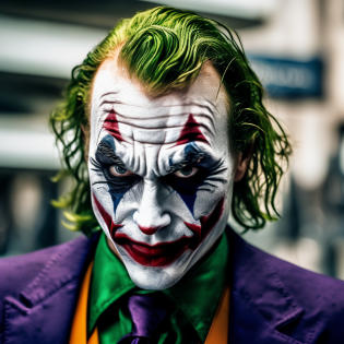 Image: A close-up of the Joker's face in a realistic style
   Descriptive keywords: madness, threat, intrigue, mystery, contempt
   Camera type: smartphone
   Camera lens: wide-angle
   Time of day: daytime
   Style of photo: natural, candid moments
   Type of film: digital
   Camera settings: automatic settings